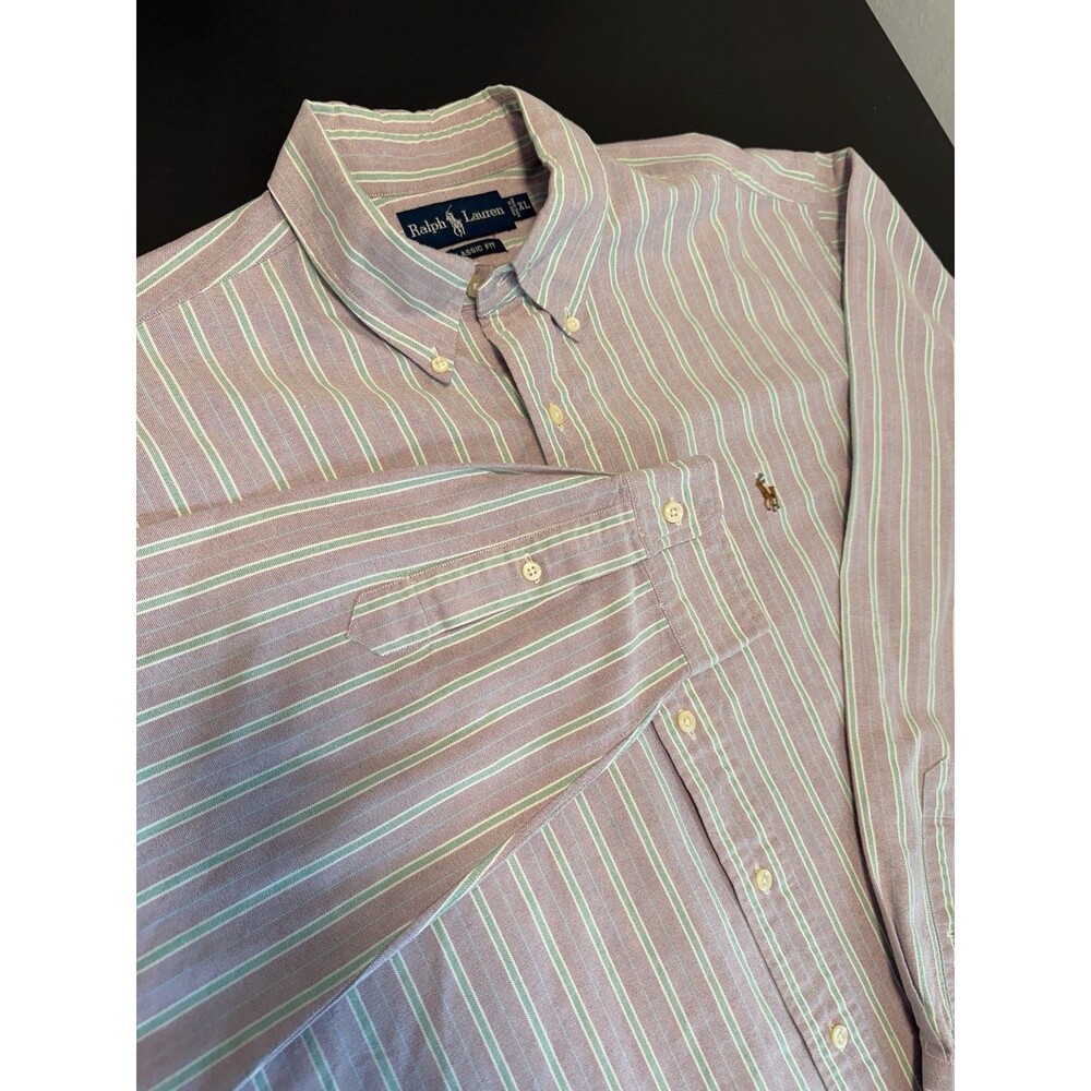 Ralph Lauren Classic Fit XL Button Down Shirt Purple Green Stripe Oxford